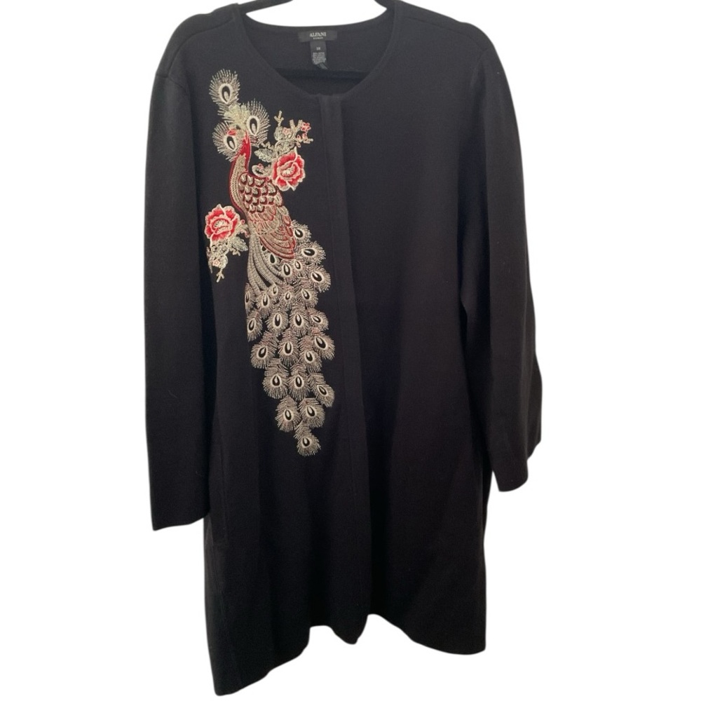 🦄 Alfani Black Sweater with Embroidered Red & Gold Peacock